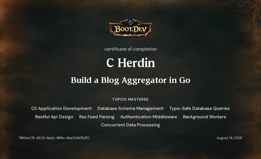 C Herdin's Boot.dev Build a Blog Aggregator in Go certificate