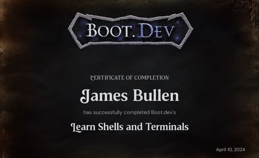 James Bullen's Boot.dev Learn Linux certificate