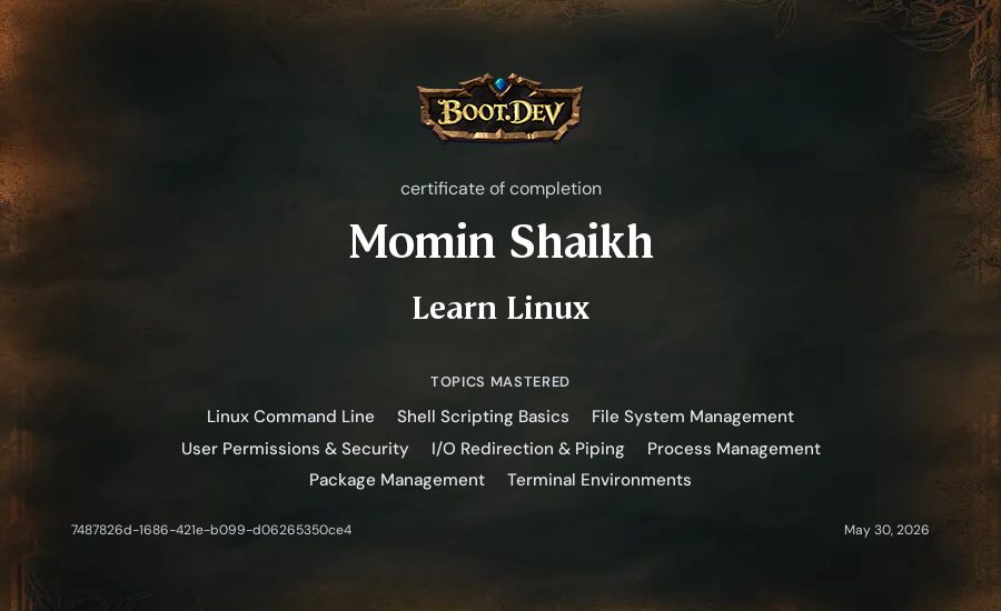 Momin Shaikh's Boot.dev Learn Linux certificate
