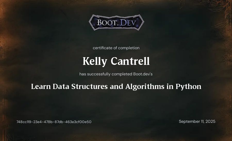 Kelly Cantrell's Boot.dev Learn Data Structures and Algorithms in Python certificate