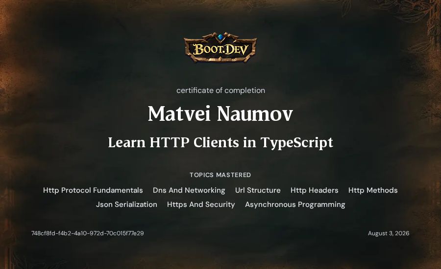 Matvei Naumov's Boot.dev Learn HTTP Clients in TypeScript certificate