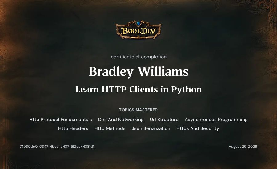 Bradley Williams's Boot.dev Learn HTTP Clients in Python certificate