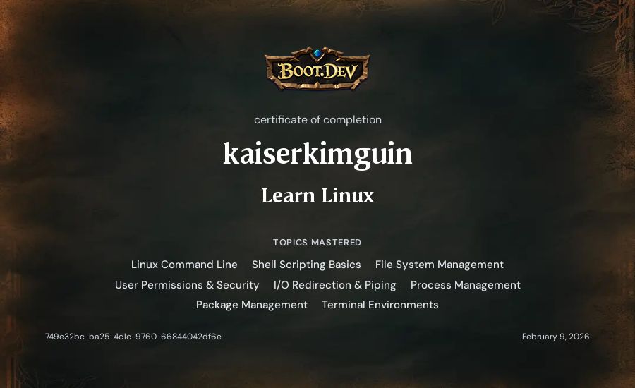 kaiserkimguin's Boot.dev Learn Linux certificate