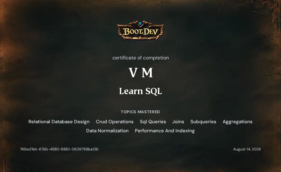 V M's Boot.dev Learn SQL certificate