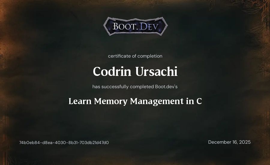 Codrin Ursachi's Boot.dev Learn Memory Management in C certificate