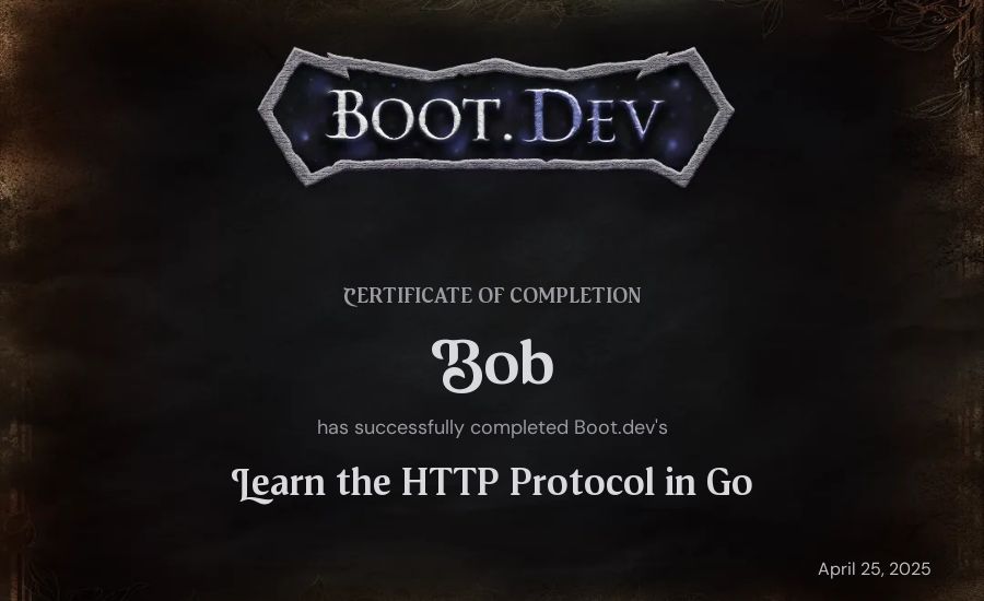 Bob Saludo's Boot.dev Learn the HTTP Protocol in Go certificate