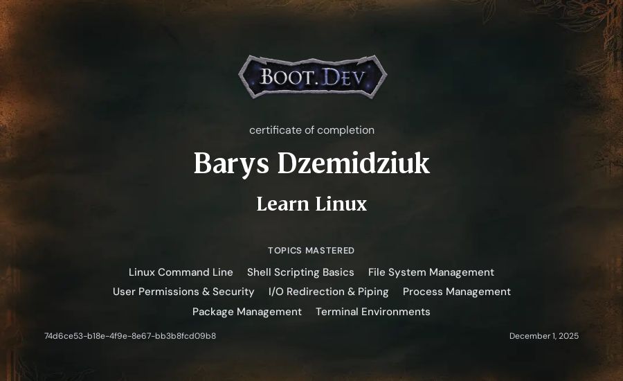 Barys Dzemidziuk's Boot.dev Learn Linux certificate