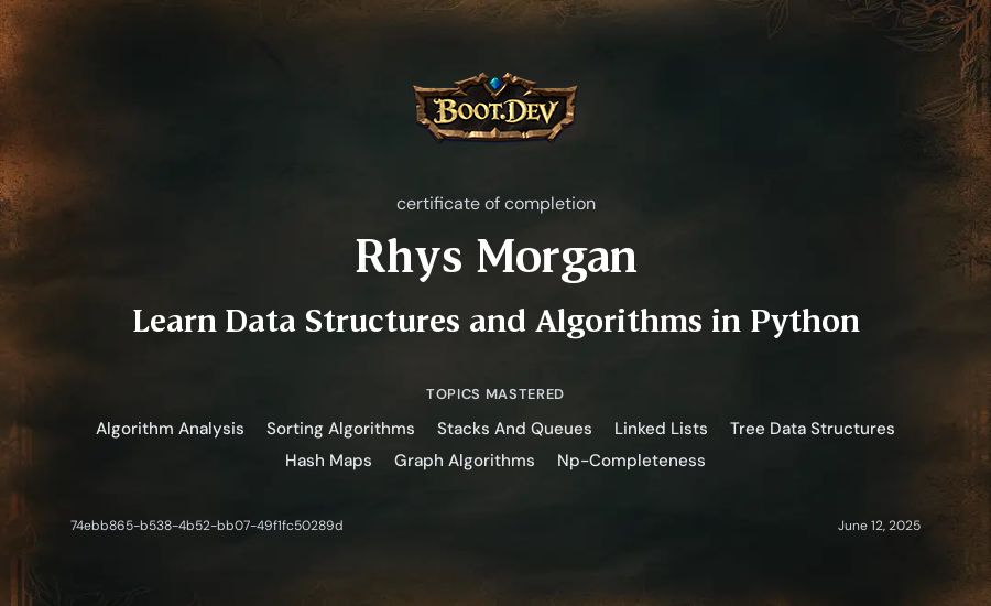 Rhys Morgan's Boot.dev Learn Data Structures and Algorithms in Python certificate