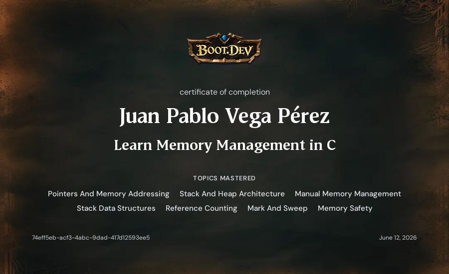 Juan Pablo Vega Pérez's Boot.dev Learn Memory Management in C certificate
