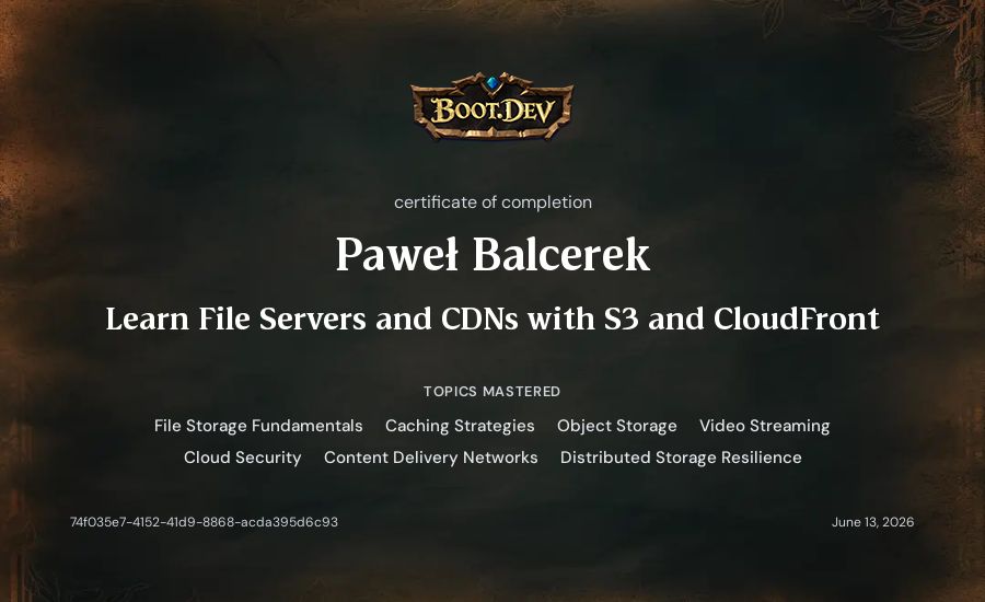 Paweł Balcerek's Boot.dev Learn File Servers and CDNs with S3 and CloudFront certificate