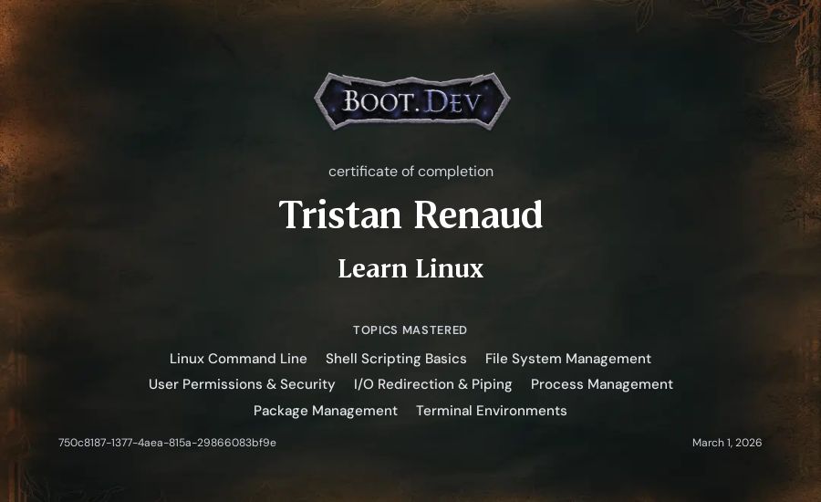 Tristan Renaud's Boot.dev Learn Linux certificate