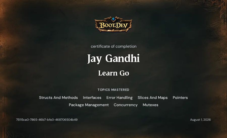 Jay Gandhi's Boot.dev Learn Go certificate
