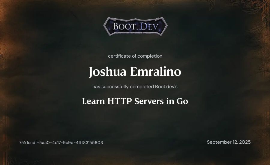 Joshua Emralino's Boot.dev Learn HTTP Servers in Go certificate