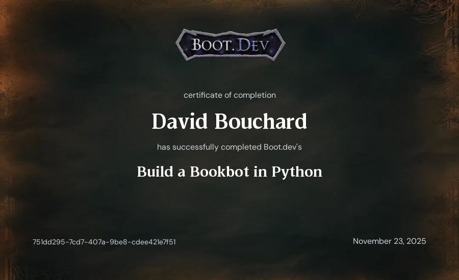 David Bouchard's Boot.dev Build a BookBot in Python certificate
