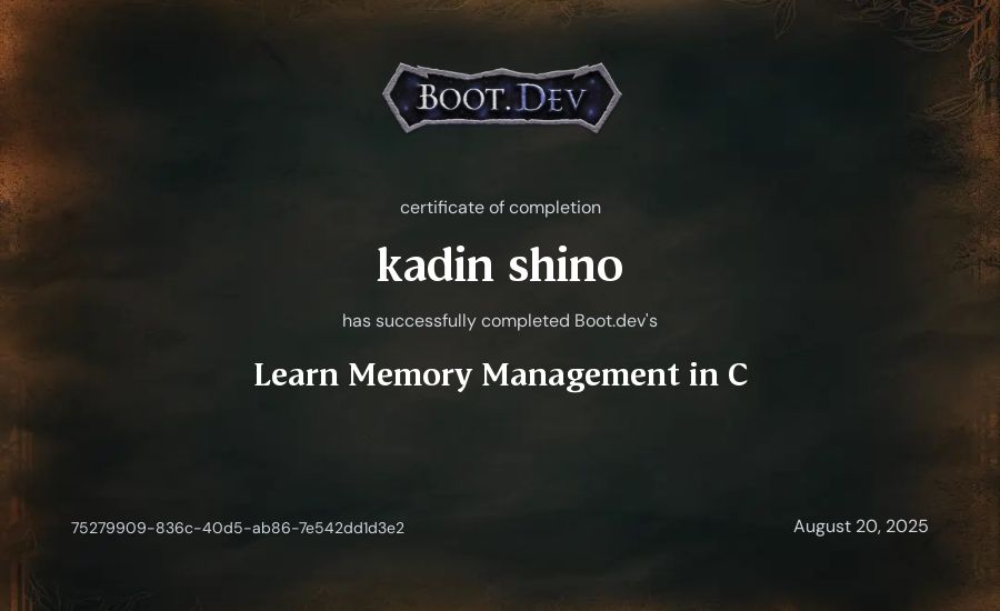 kadin shino's Boot.dev Learn Memory Management in C certificate