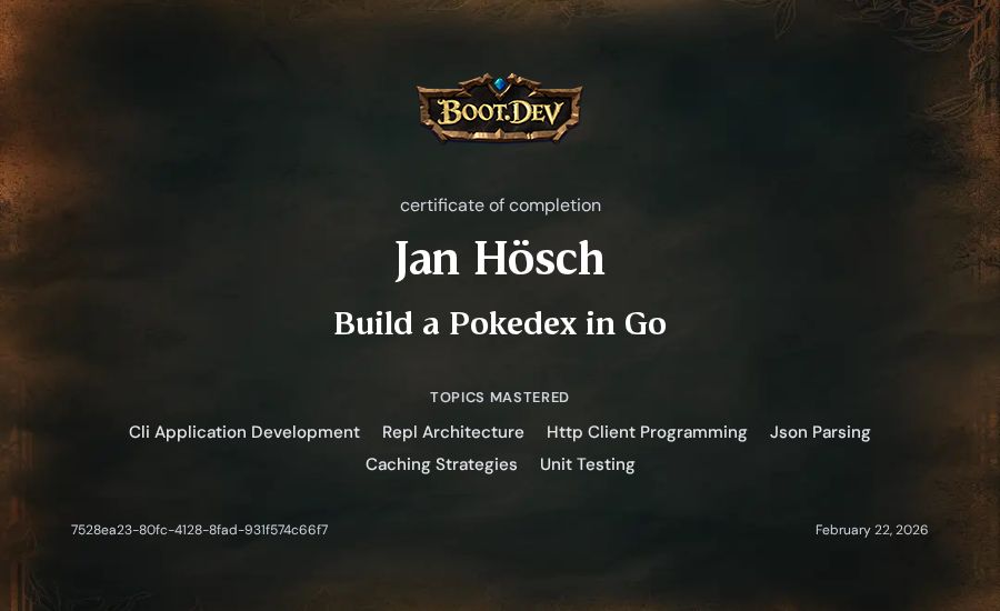 Jan Hösch's Boot.dev Build a Pokedex in Go certificate