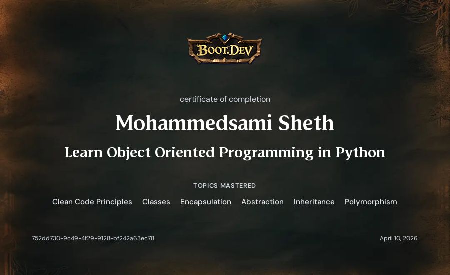 Mohammedsami Sheth's Boot.dev Learn Object Oriented Programming in Python certificate