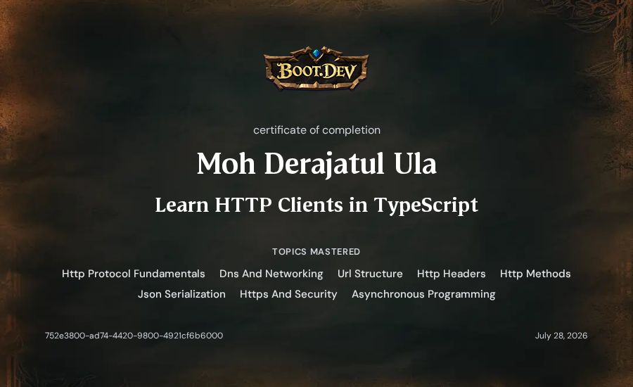 Moh Derajatul Ula's Boot.dev Learn HTTP Clients in TypeScript certificate