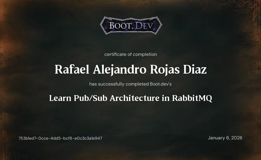 Rafael Alejandro Rojas Diaz's Boot.dev Learn Pub/Sub in RabbitMQ and Go certificate