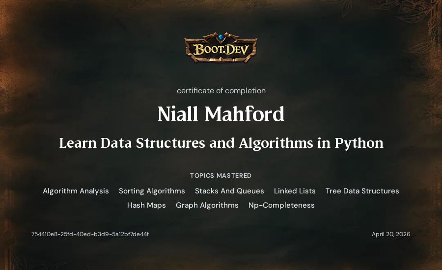 Niall Mahford's Boot.dev Learn Data Structures and Algorithms in Python certificate