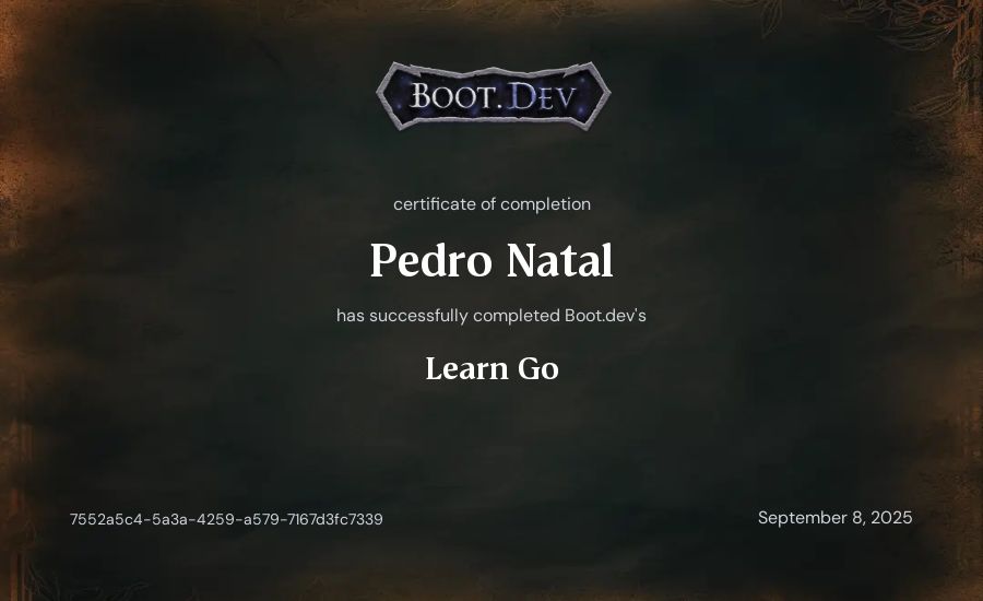 Pedro Natal's Boot.dev Learn Go certificate