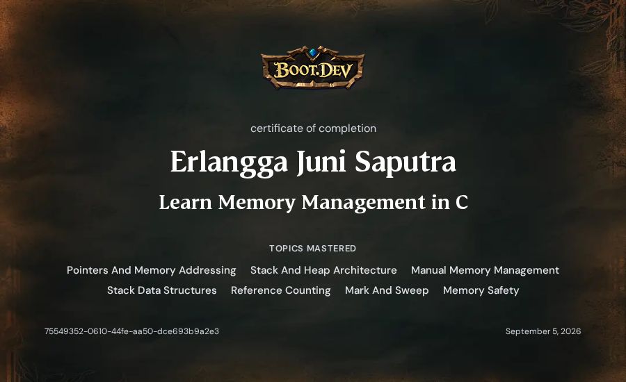 Erlangga Juni Saputra's Boot.dev Learn Memory Management in C certificate