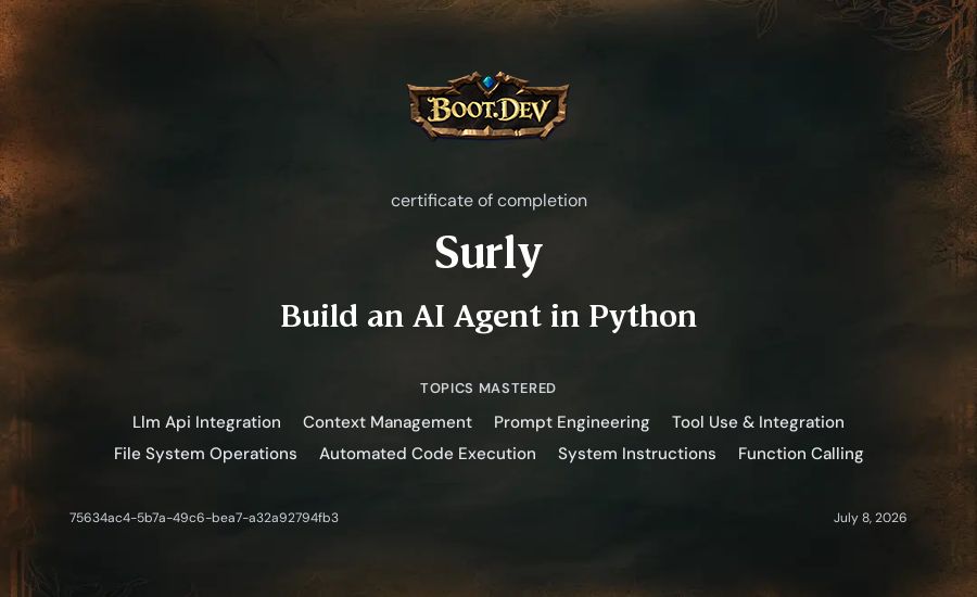 Surly's Boot.dev Build an AI Agent in Python certificate