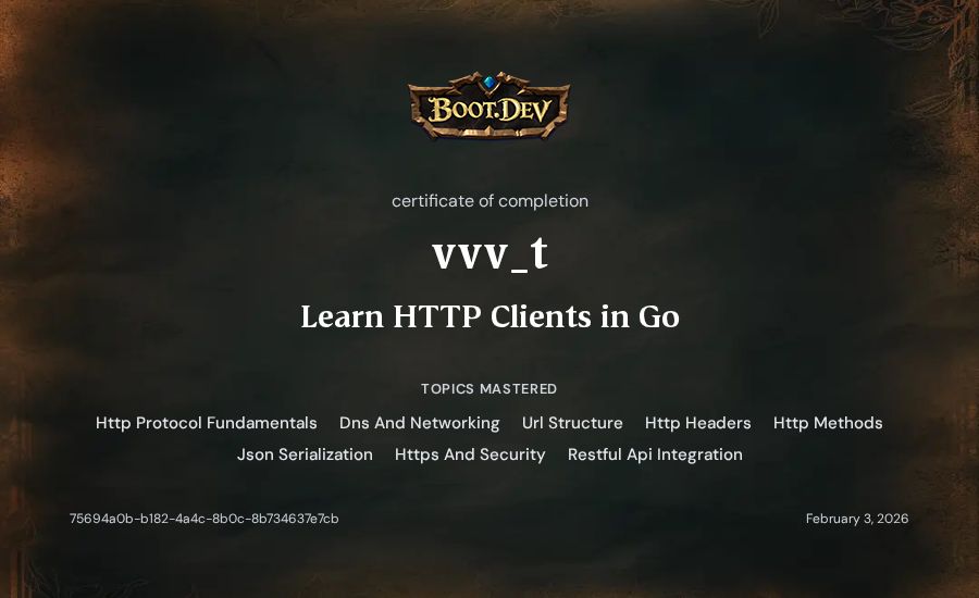 vvv_t's Boot.dev Learn HTTP Clients in Go certificate