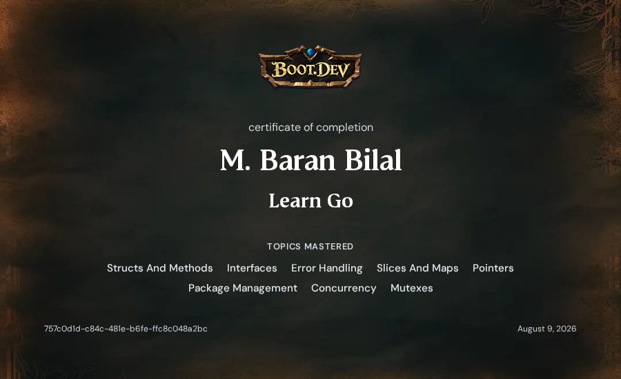 M. Baran Bilal's Boot.dev Learn Go certificate
