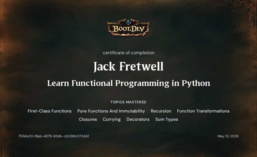 Jack Fretwell's Boot.dev Learn Functional Programming in Python certificate
