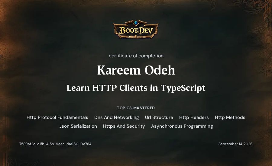 Kareem Odeh's Boot.dev Learn HTTP Clients in TypeScript certificate