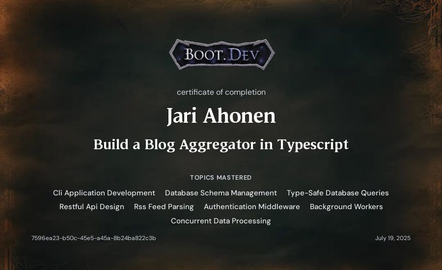 Jari Ahonen's Boot.dev Build a Blog Aggregator in TypeScript certificate