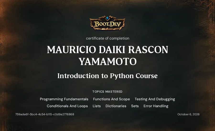 MAURICIO DAIKI RASCON YAMAMOTO's Boot.dev Introduction to Python Course certificate