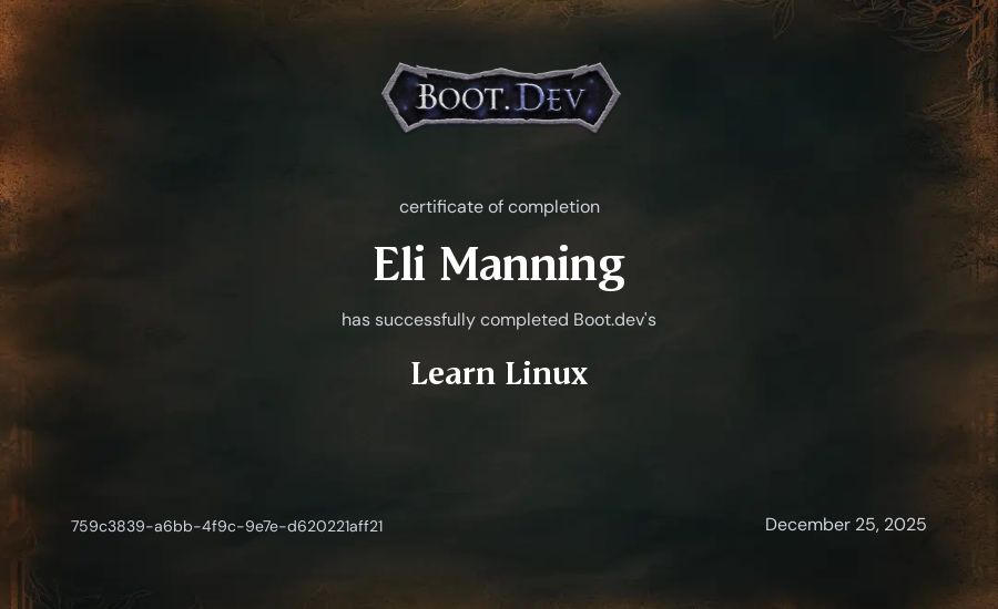 Eli Manning's Boot.dev Learn Linux certificate
