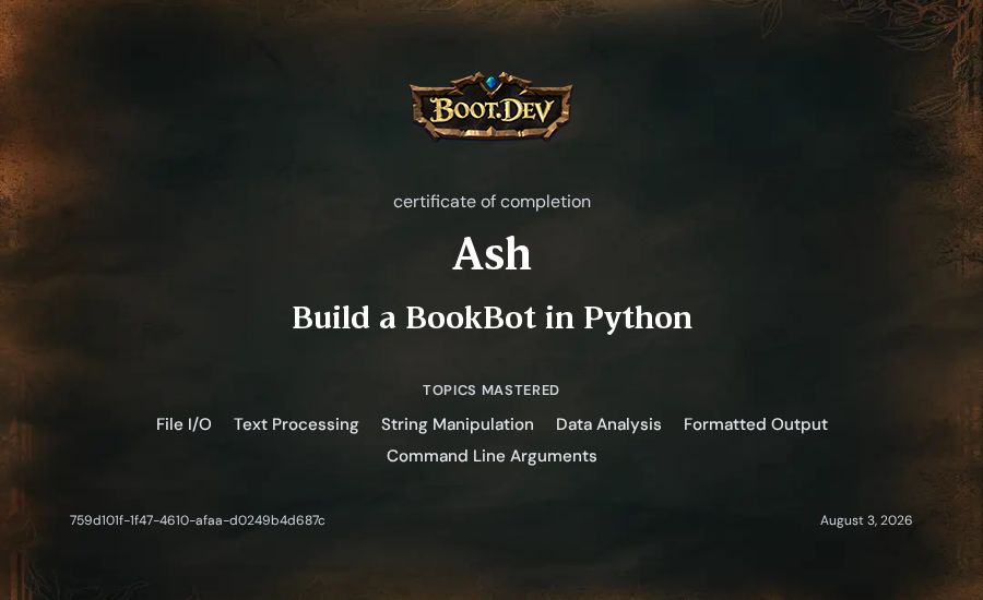 Ash's Boot.dev Build a BookBot in Python certificate