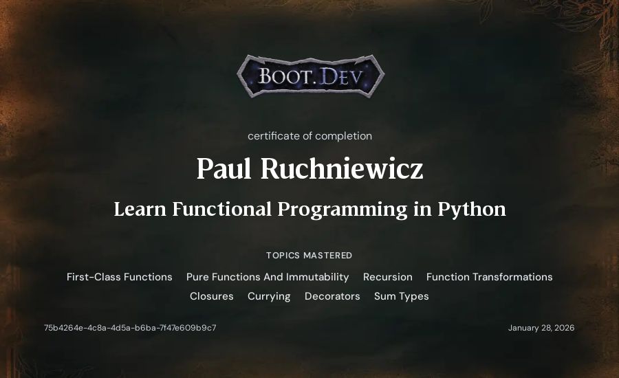 Paul Ruchniewicz's Boot.dev Learn Functional Programming in Python certificate