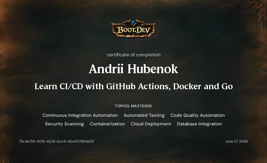 Andrii Hubenok's Boot.dev Learn CI/CD with GitHub Actions, Docker and Go certificate