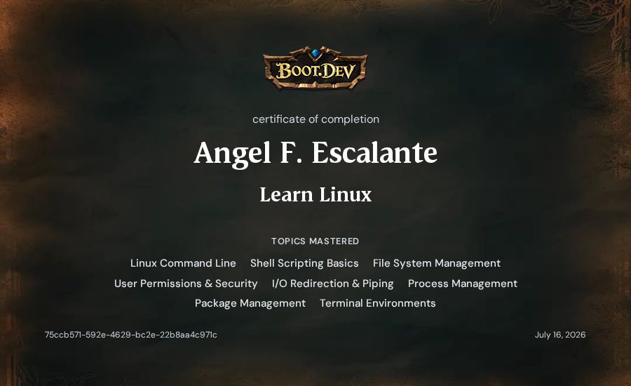 Angel F. Escalante's Boot.dev Learn Linux certificate