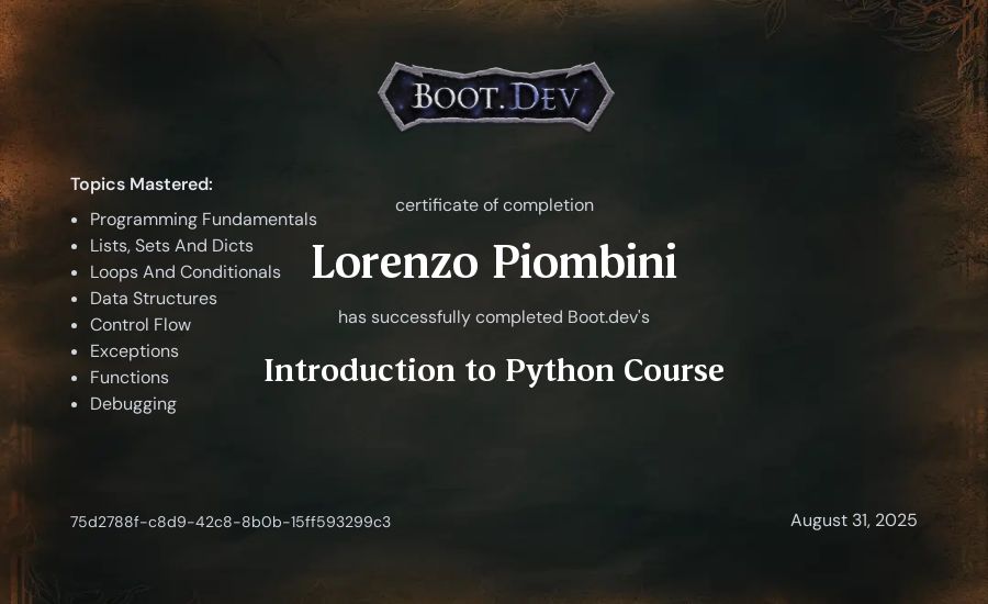 Lorenzo Piombini's Boot.dev Introduction to Python Course certificate