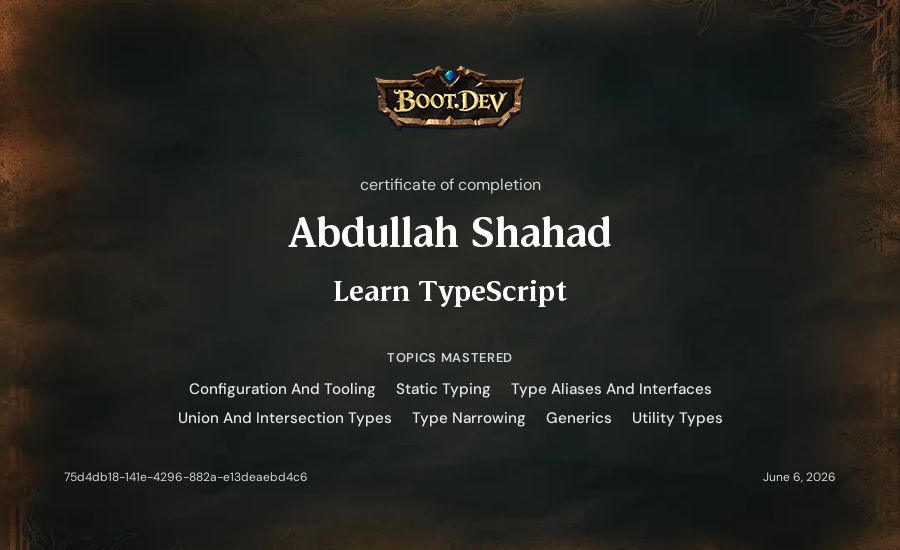 Abdullah Shahad's Boot.dev Learn TypeScript certificate