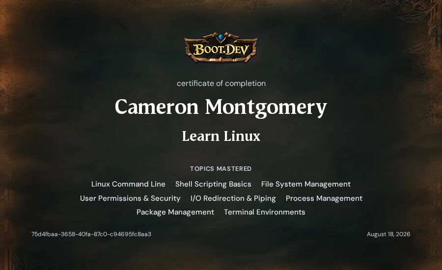 Cameron Montgomery's Boot.dev Learn Linux certificate