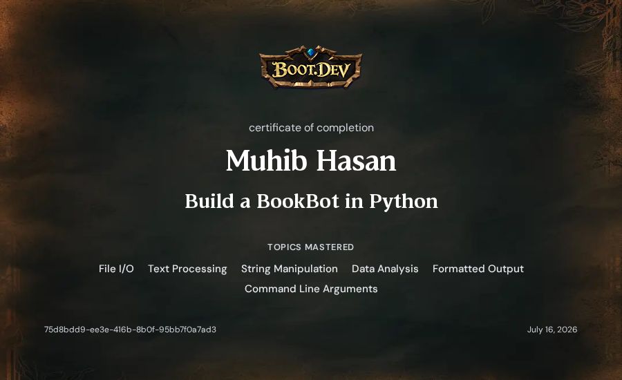 Muhib Hasan's Boot.dev Build a BookBot in Python certificate