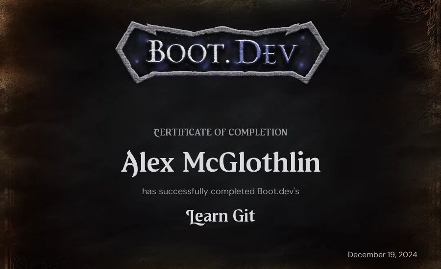 Alex McGlothlin's Boot.dev Learn Git certificate