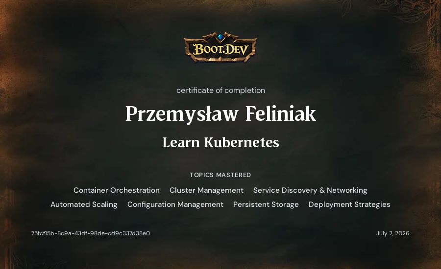 Przemysław Feliniak's Boot.dev Learn Kubernetes certificate