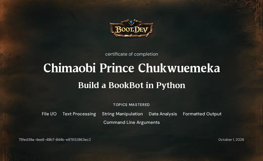 Chimaobi Prince Chukwuemeka's Boot.dev Build a BookBot in Python certificate