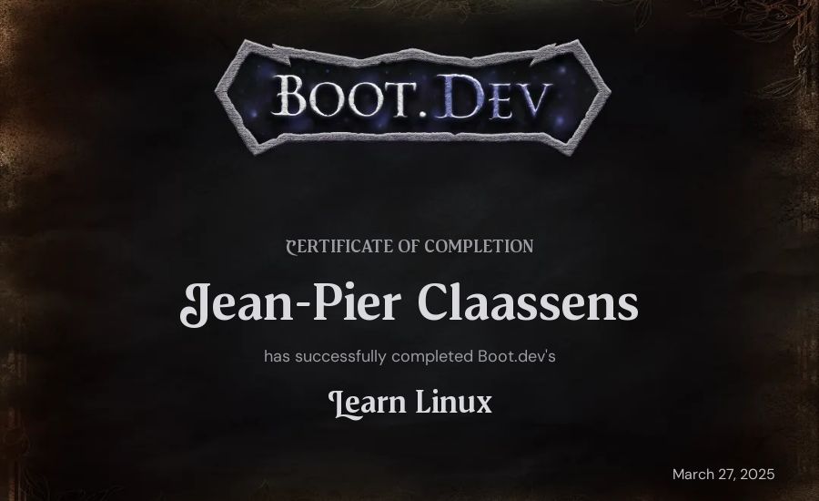 Jean-Pier Claassens's Boot.dev Learn Linux certificate
