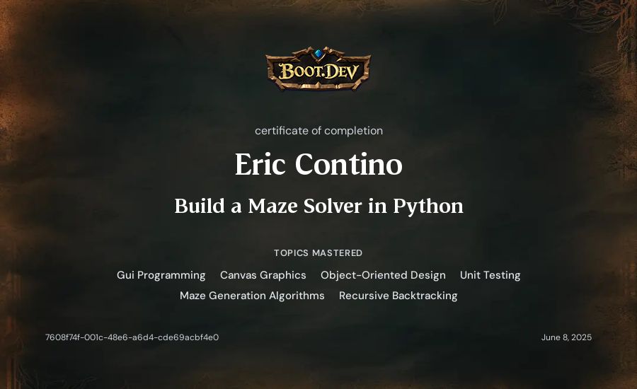 Eric Contino's Boot.dev Build a Maze Solver in Python certificate