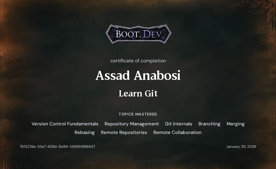 Assad Anabosi's Boot.dev Learn Git certificate