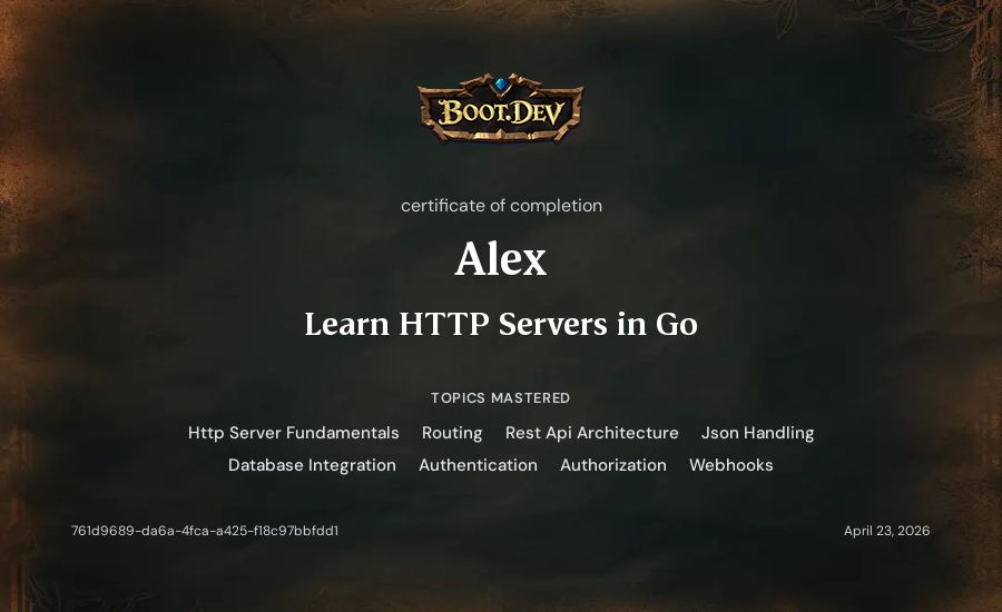 Alex's Boot.dev Learn HTTP Servers in Go certificate