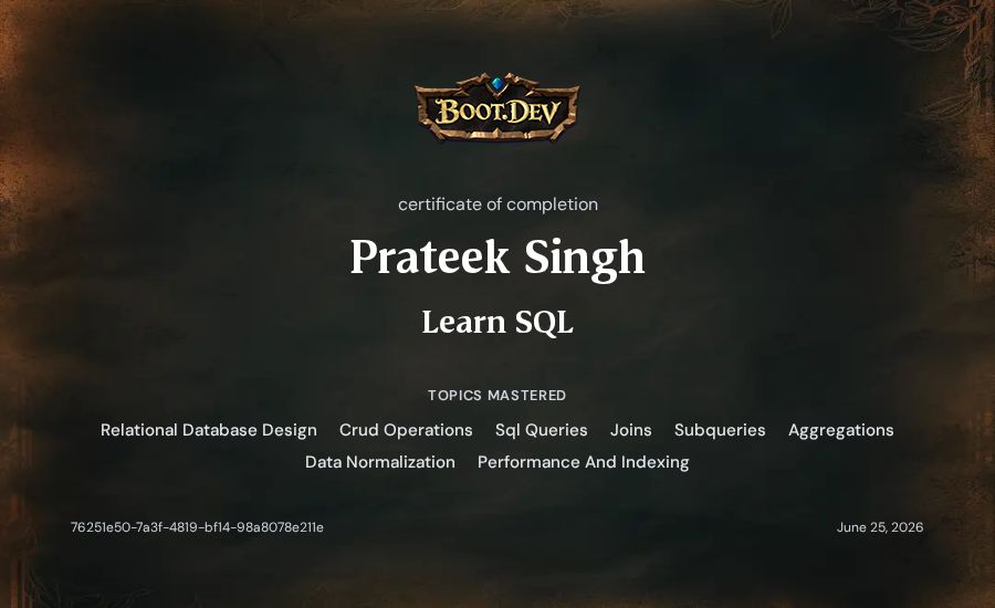 Prateek Singh's Boot.dev Learn SQL certificate